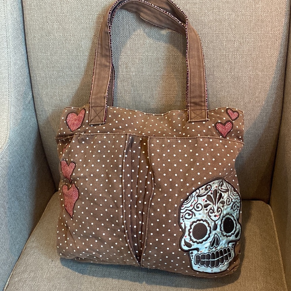 Loungefly Brown Tote with Sugar Skull and Hearts
